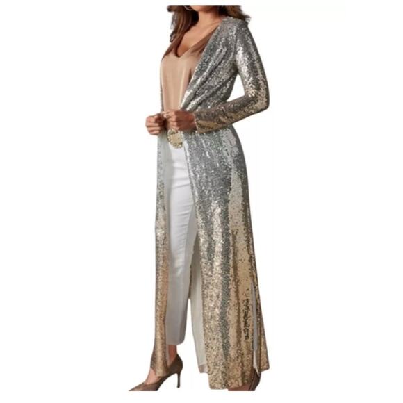 Alexia Admore Sequin Duster Women's Size Small - Silver Gold Ombre Trench Coat - Picture 2 of 8